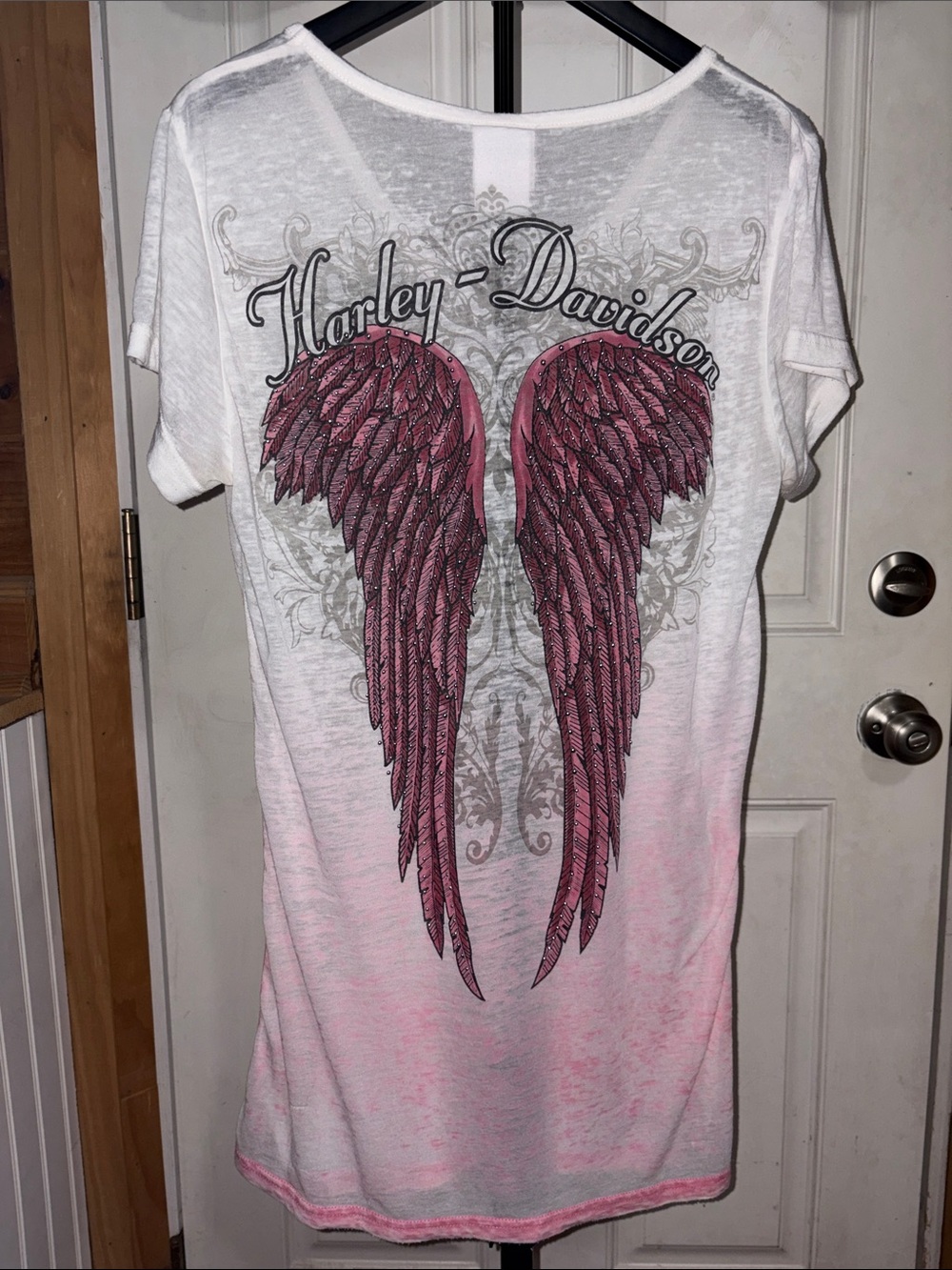 Harley Davidson Burnout Sheer Short Sleeve with Rhinestone Pink Wing Graphic